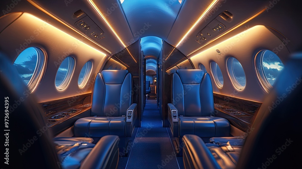 Luxurious interior of a private business jet airplane, featuring sleek leather seats, soft lighting, and modern amenities, Luxurious interior of a private business jet airplane, featuring sleek leather seats, soft lighting, and modern amenities,