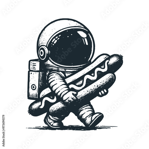 Cute astronaut holding a big hotdog. Black white vector icon and logo illustration.