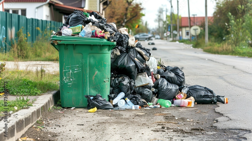 Fototapeta premium Bin Container Pile and Trashcan Basket: Full Garbage Bin, Black Plastic Trash Bags, Overflowing Recycling Container with Trash – Green Recycle Can – Vector Illustration