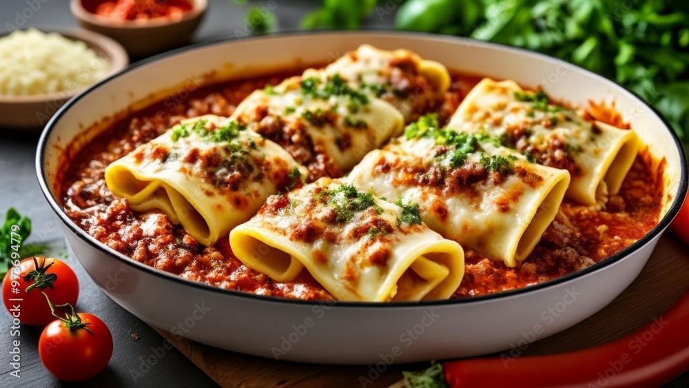 Delicious lasagna with fresh herbs and tomato sauce ready to be savored Delicious lasagna with fresh herbs and tomato sauce ready to be savored