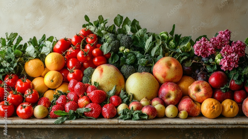 Fresh Fruit and Vegetable Still Life with Green Leaves and Flowers Fresh Fruit and Vegetable Still Life with Green Leaves and Flowers