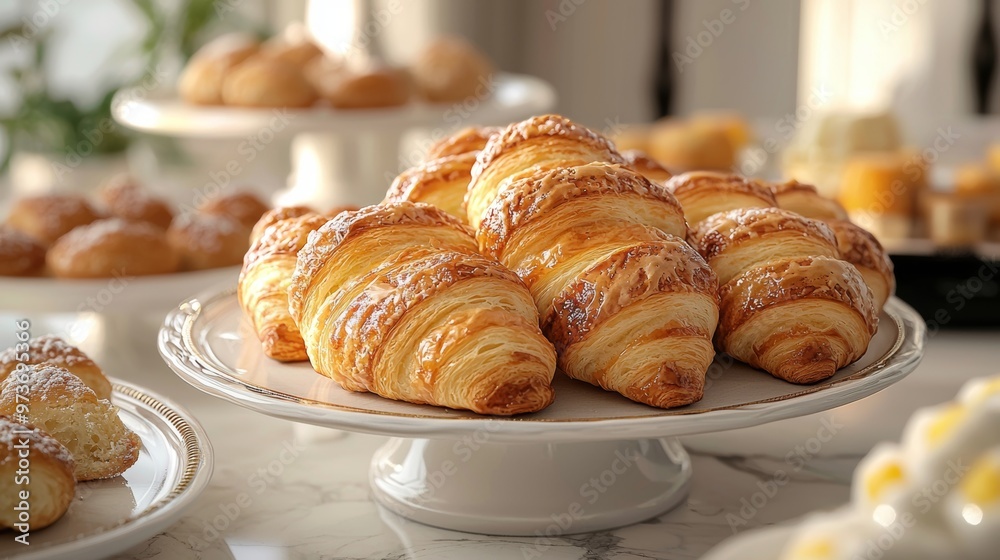 Freshly Baked Croissants on a White Cake Stand Freshly Baked Croissants on a White Cake Stand