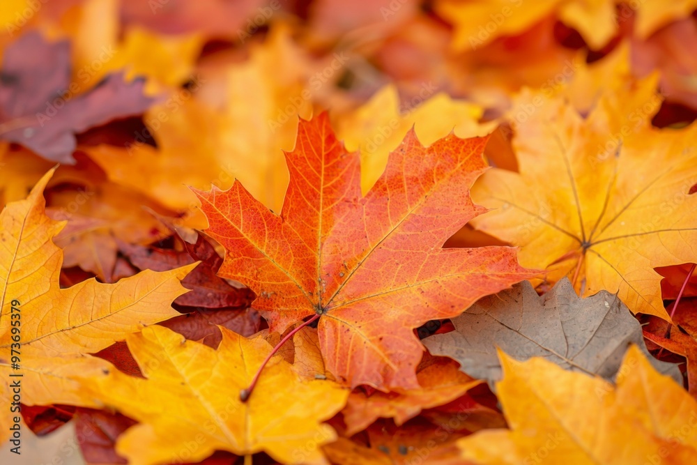 A Single Bright Orange Maple Leaf Amidst a Pile of Autumn Leaves A Single Bright Orange Maple Leaf Amidst a Pile of Autumn Leaves