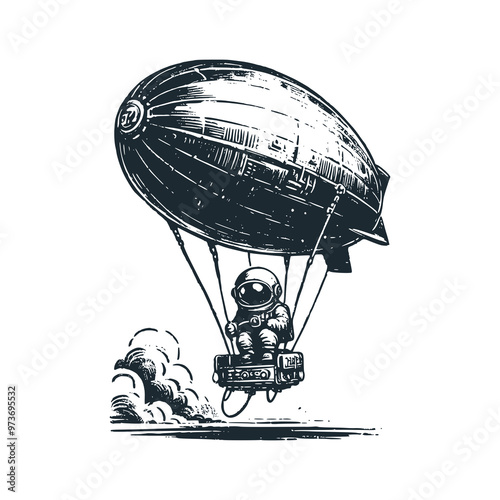 Cute astronaut with zeppelin balloon. Black white vector. Icon and logo illustration.
