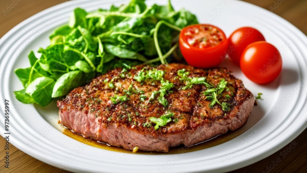 Deliciously grilled steak with fresh greens and tomatoes Deliciously grilled steak with fresh greens and tomatoes