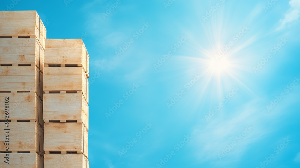 Wooden crates stacked under a bright sky in daylight