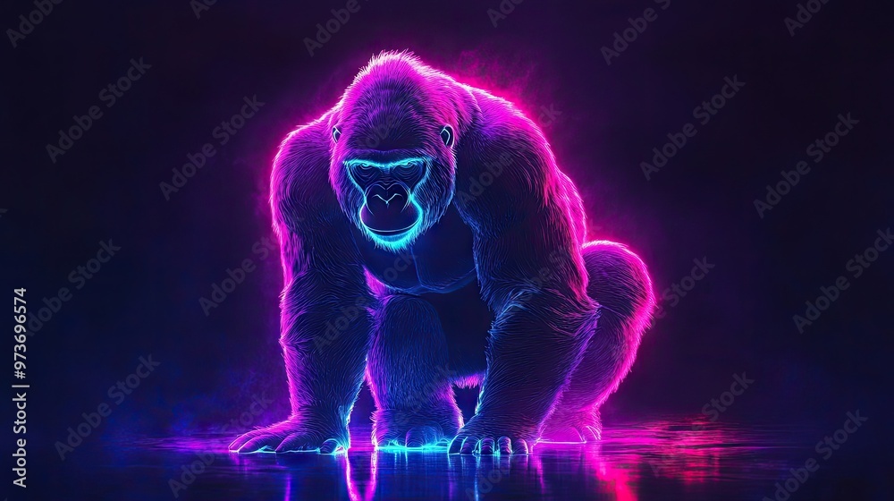 Majestic neon gorilla with glowing fur, standing tall and strong against a deep, dark background, Majestic neon gorilla with glowing fur, standing tall and strong against a deep, dark background,
