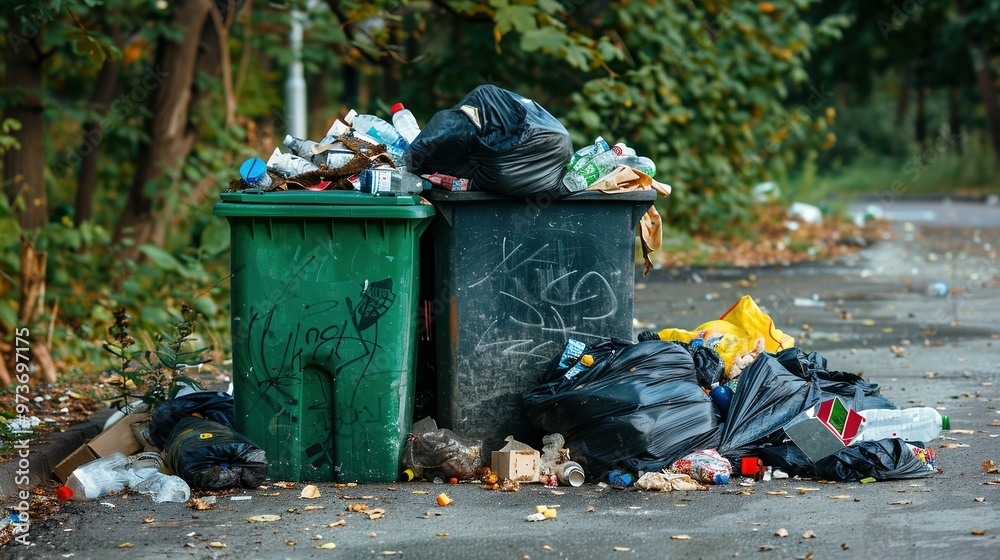 Street Dump Pollution: Full Garbage Bin, Black Plastic Trash Bags, Overflowing Recycling Container with Trash – Green Recycle Can – Vector Illustration Street Dump Pollution: Full Garbage Bin, Black Plastic Trash Bags, Overflowing Recycling Container with Trash – Green Recycle Can – Vector Illustration