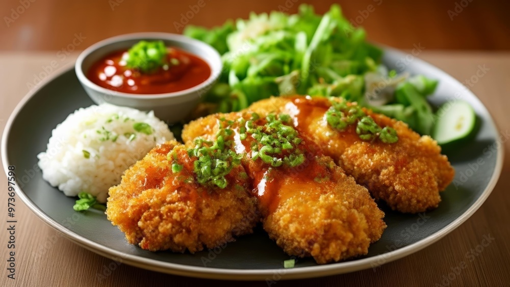 Delicious meal with rice salad and sauce Delicious meal with rice salad and sauce