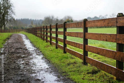 Wooden Fence and Muddy Path in a Rural Setting