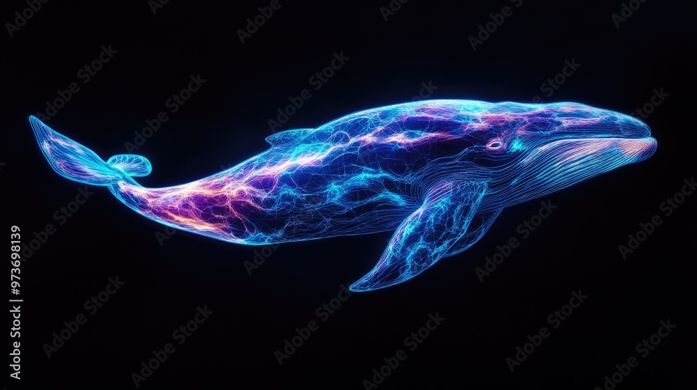 Majestic neon whale swimming gracefully in an ethereal glow against a black background, Majestic neon whale swimming gracefully in an ethereal glow against a black background,