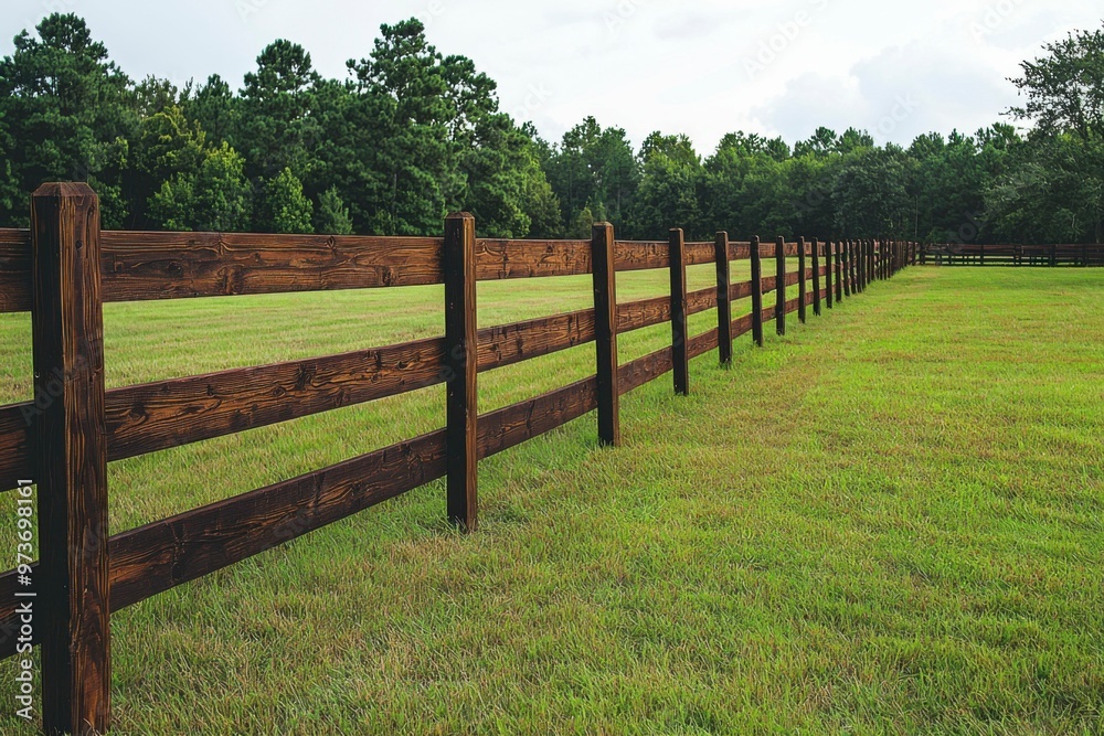 Wooden Fence Posts and Rails Bordering Green Grass Field Wooden Fence Posts and Rails Bordering Green Grass Field
