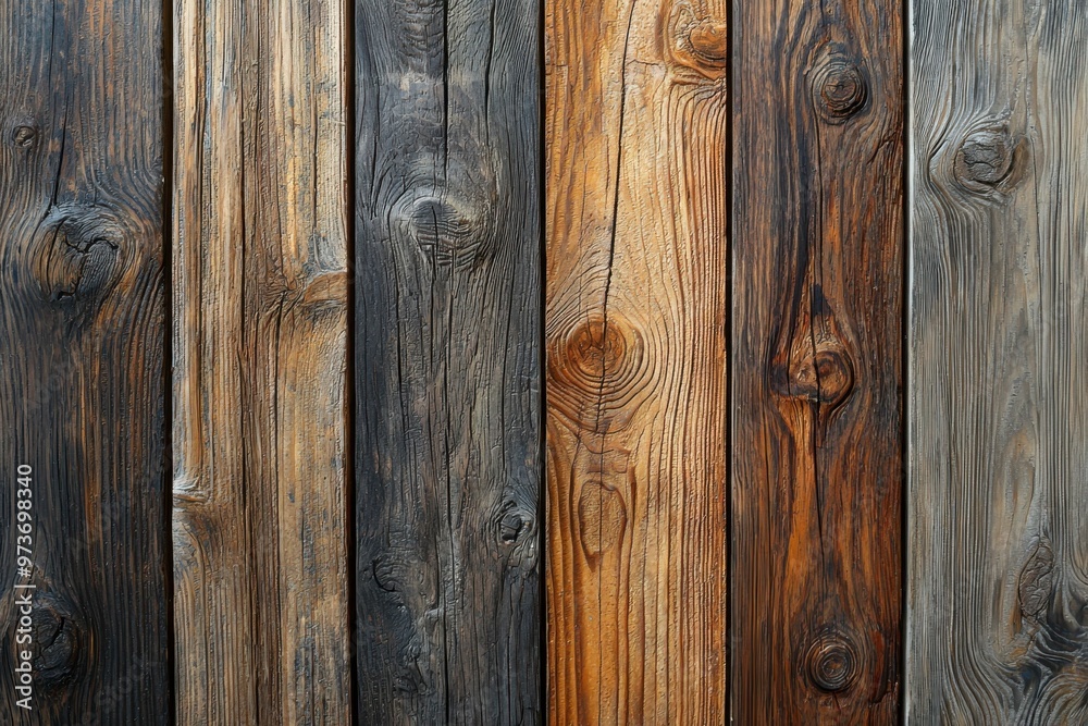Naklejka premium Close-Up of Weathered Wooden Planks with Knots and Grain Patterns