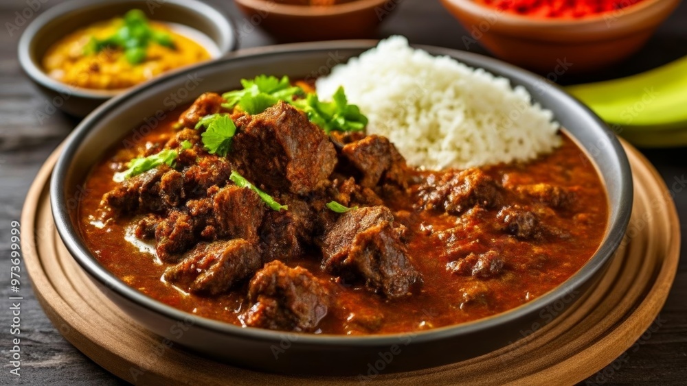 Deliciously spiced beef stew with fluffy rice ready to be savored Deliciously spiced beef stew with fluffy rice ready to be savored