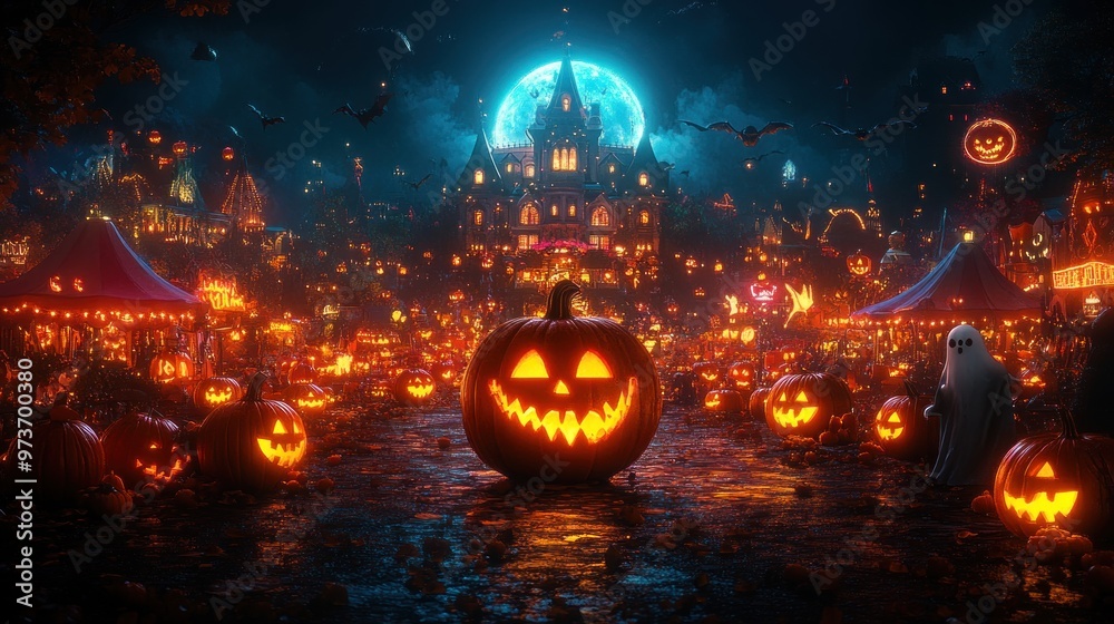 Fototapeta premium A vibrant Halloween scene with pumpkins, ghosts, and festive lights.