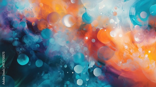 Abstract art with blue, orange and white circles and swirls on a canvas texture.