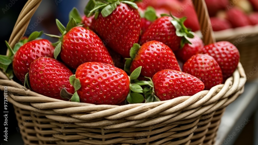 Fresh ripe strawberries in a woven basket Fresh ripe strawberries in a woven basket