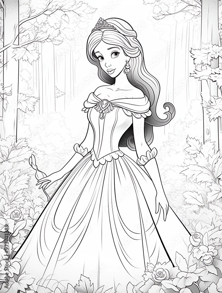 Fototapeta premium A princess in an elegant gown, surrounded by lush forest scenery for a coloring book with crisp lines and a white background