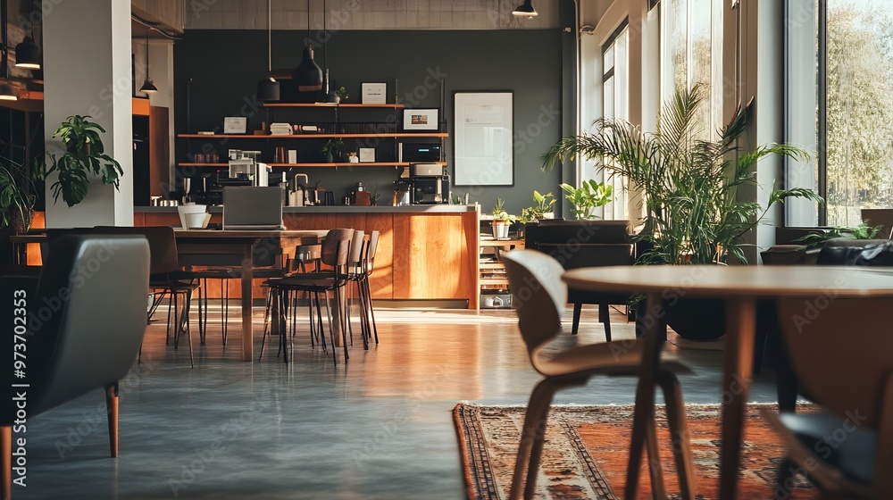 Obraz premium Modern Coffee Shop Interior with Wooden Tables and Chairs