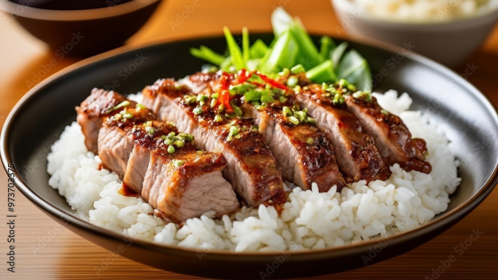 Delicious Asian cuisine Tender slices of beef with rice and garnish Delicious Asian cuisine Tender slices of beef with rice and garnish