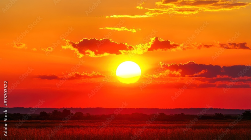 A fiery sunset casts a red glow over a field of tall grass and a distant forest. A fiery sunset casts a red glow over a field of tall grass and a distant forest.
