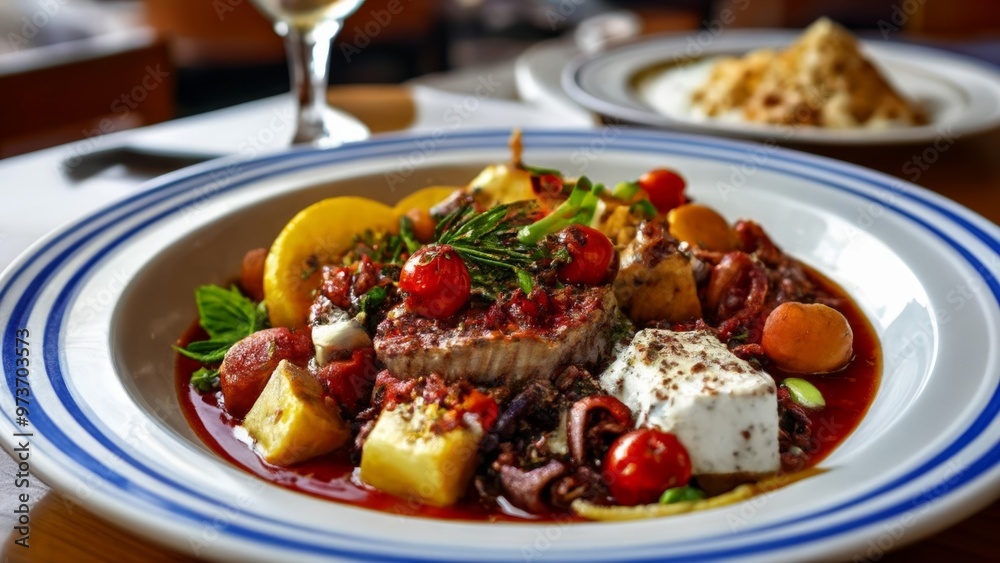 Delicious meal served on a white plate with blue trim Delicious meal served on a white plate with blue trim