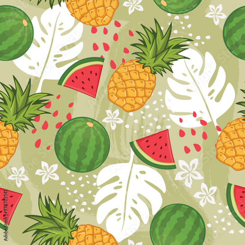 Pineapple and watermelon seamless pattern design. Fruits on the green background with tropical leaves and flowers.