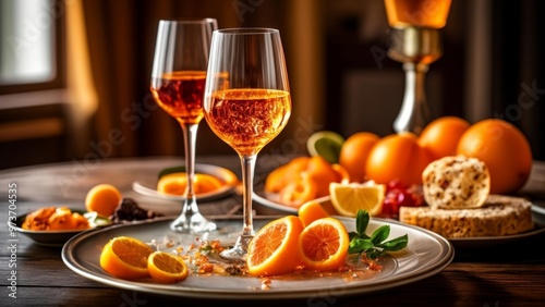  Elegant table setting with champagne and citrus fruits