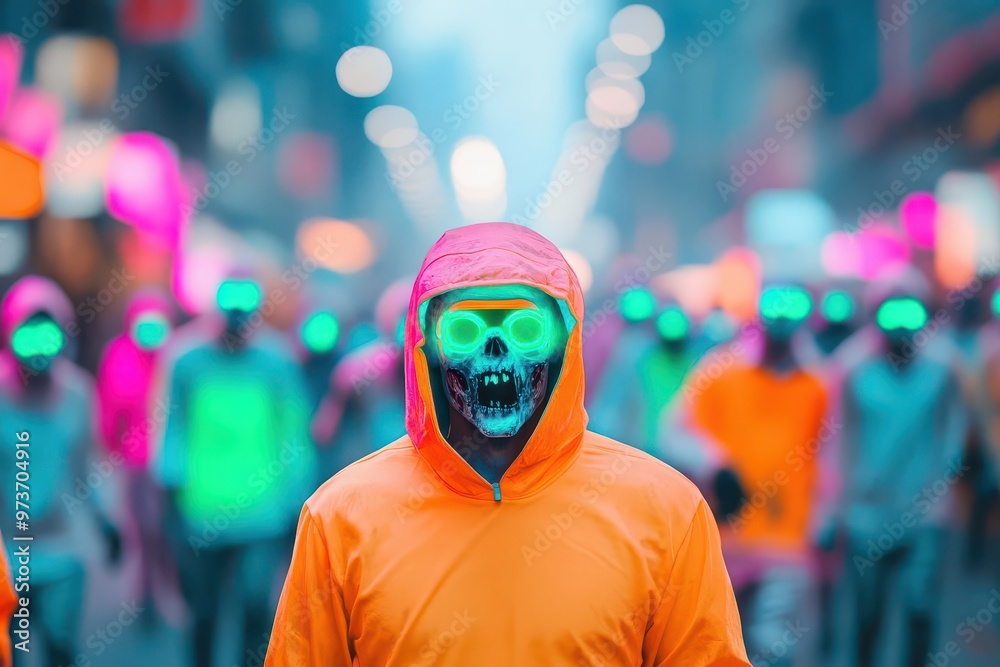 A neon zombie apocalypse, with zombies glowing in fluorescent greens and oranges, staggering through a neonlit city