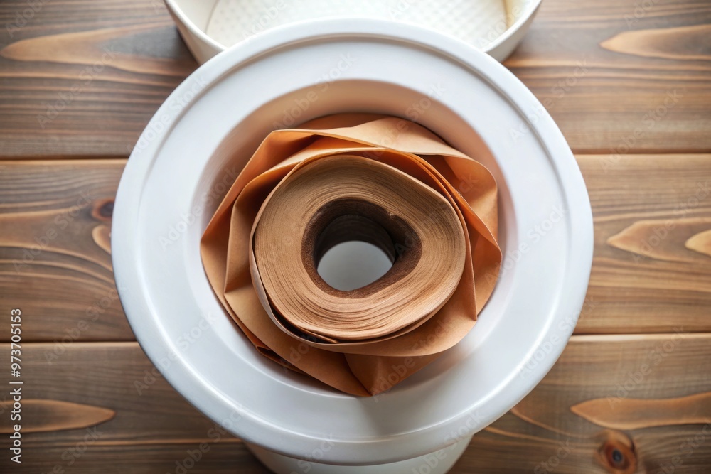 A close-up of a toilet bowl with a brown, swirly shape surrounded by toilet paper, conveying the concept A close-up of a toilet bowl with a brown, swirly shape surrounded by toilet paper, conveying the concept
