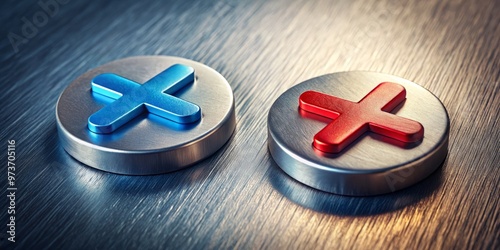 A close-up of a strong magnet's positive and negative symbols, denoted by plus and minus signs, on a