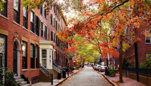A vibrant Boston street on a fall afternoon, red-brick brownstones covered in wild grape vines, golden sunlight, autumn leaves, and a soft breeze, blending city charm with natural beauty.
