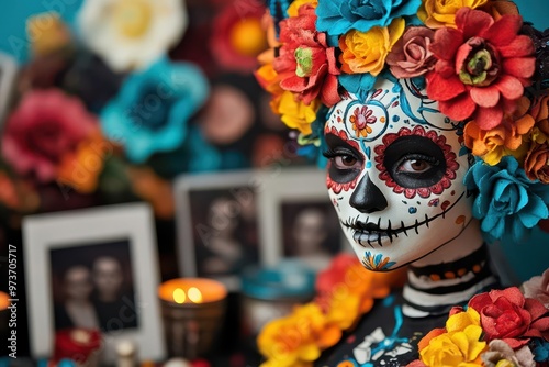 A beautifully crafted Catrina figure, adorned with intricate flowers and skull makeup, standing next to an altar of ancestors photographs and candles