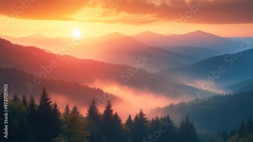 Misty mountain landscape with a sunrise over the peaks and a valley filled with fog.