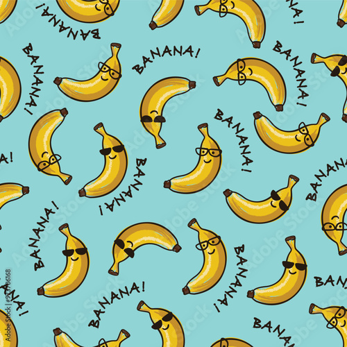 Seamless pattern of cool bananas with glasses on blue background and words "BANANA!". Graphic texture for package, wallpaper,  wrapping paper, label, fabric, print, advertising.