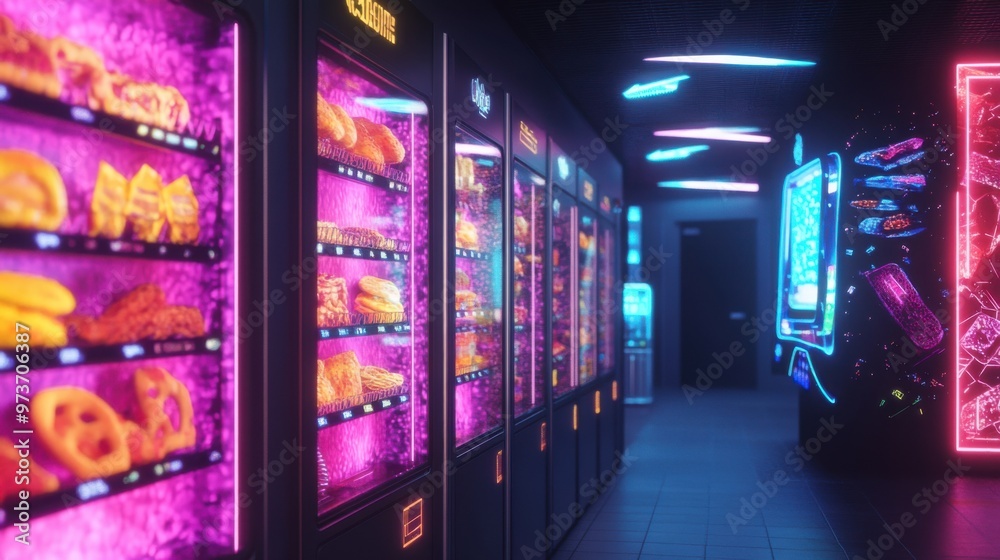 Futuristic Vending Machine of Organic Snacks with Neon Lights and High-Tech Design Futuristic Vending Machine of Organic Snacks with Neon Lights and High-Tech Design