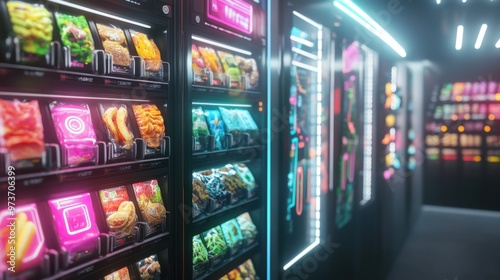 Futuristic Organic Snack Vending Machine with Neon Lights and High-Tech Design