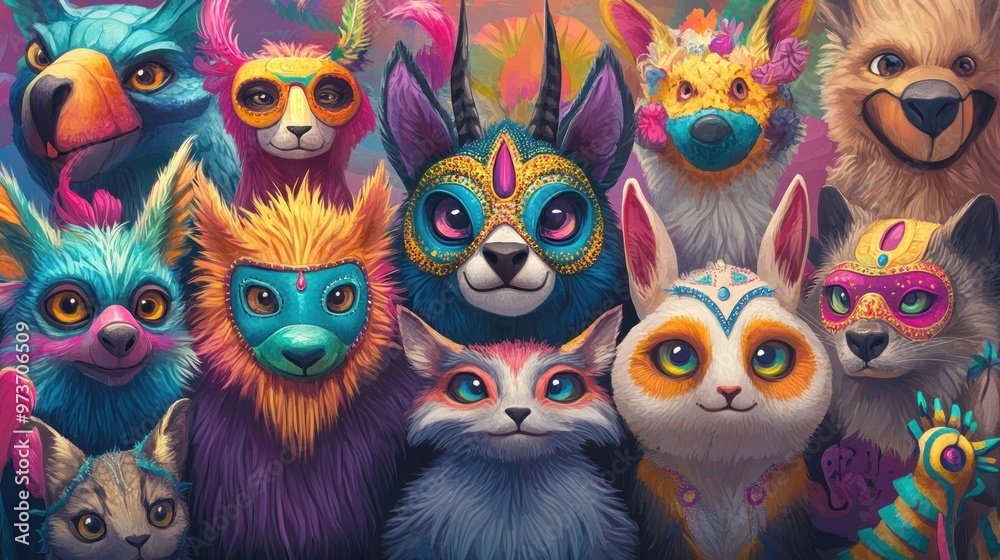A group of furry, mythical creatures wearing colorful masks.