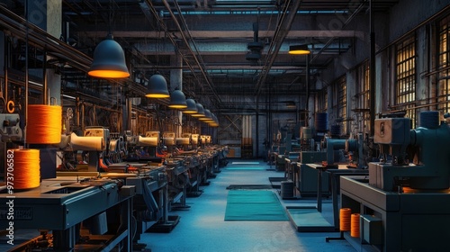 Industrial textile factory with rows of machinery, spools of yarn, and overhead lights.