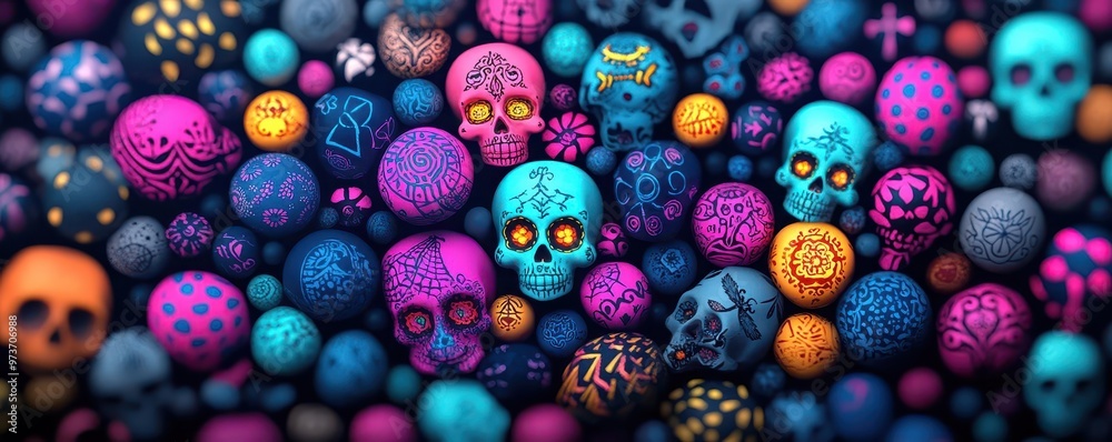 An artistic fusion of preHispanic traditions and modern Day of the Dead celebrations, with glowing skulls, vibrant colors, and ancient Mexican symbols An artistic fusion of preHispanic traditions and modern Day of the Dead celebrations, with glowing skulls, vibrant colors, and ancient Mexican symbols