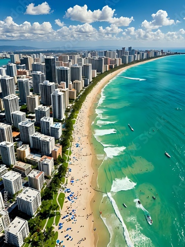 Aerial view of Waikiki Beach and cityscape, Miami Beach, Florida, United States, Government Cut, South Pointe Park