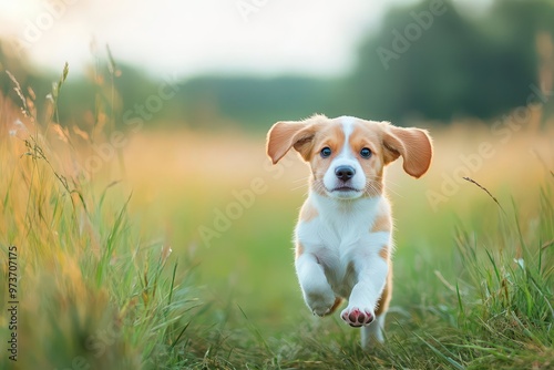 A puppy running through a field of tall grass, its ears flopping in the wind, Realism, Bright and energetic, Natural light photo