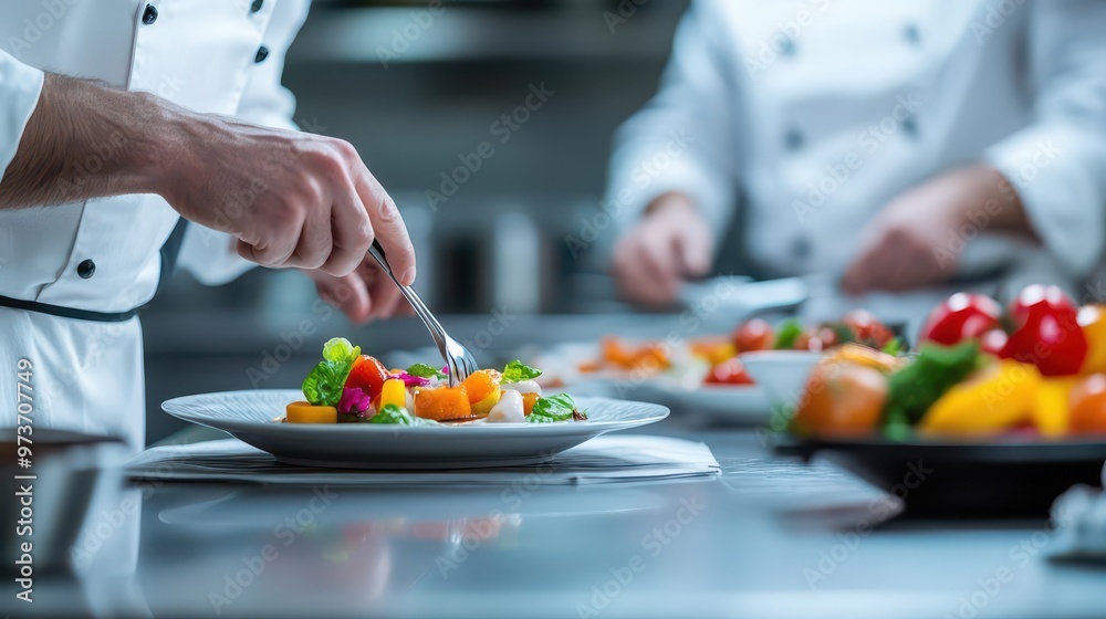 A group of chefs in a highend kitchen, preparing a gourmet meal together with precision and passion A group of chefs in a highend kitchen, preparing a gourmet meal together with precision and passion