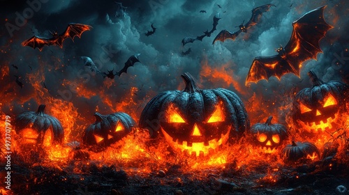 Fiery Halloween scene with glowing pumpkins and bats in the night.