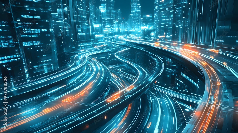 Futuristic Cityscape with Illuminated Highways and Skyscrapers Futuristic Cityscape with Illuminated Highways and Skyscrapers