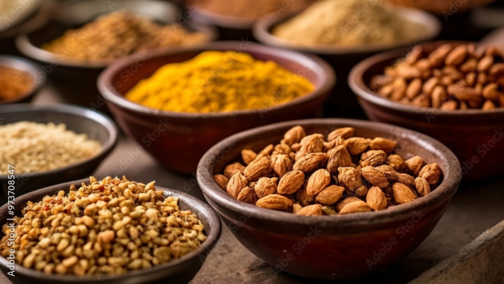 Aromatic spices and nuts ready to enhance any dish Aromatic spices and nuts ready to enhance any dish