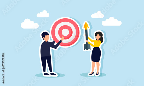 A businessman holding a target board and a businesswoman holding an arrow, illustration of alignment between business targets and execution methods for optimal results