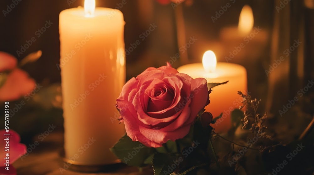 A single pink rose blooms in the soft glow of candlelight, creating a romantic and intimate ambiance. A single pink rose blooms in the soft glow of candlelight, creating a romantic and intimate ambiance.
