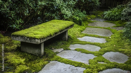 Serene Garden Path with Moss-Covered Stone Bench and Lush Greenery photo