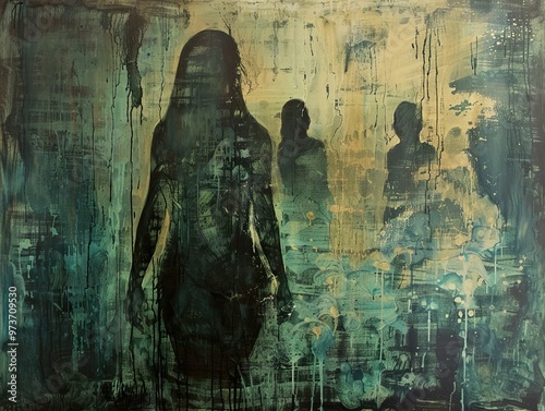 Abstract Painting of Three Female Figures in Shadowy Hues